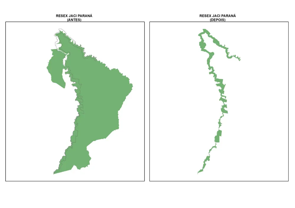 Resex de Jaci-Paraná antes e depois da aprovação da Lei 1.089/21 — Foto: Ministério Público de Rondônia/Divulgação. Fonte: G1-RO. 